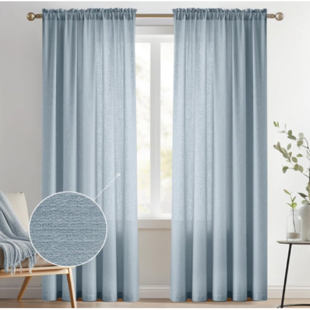 Dusty Blue Semi Sheer Curtains 52 x 96 with Tie Backs Linen Look Curtain Panels